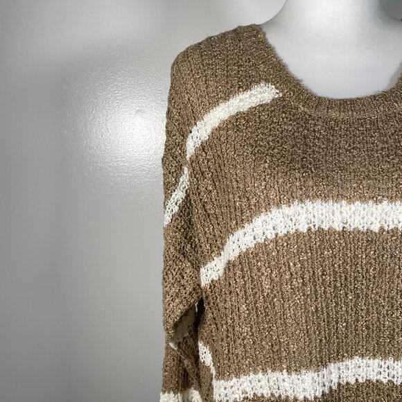 Double Zero Brown White Stripes Round Crew Neck Long Sleeve Knit Sweater M - Picture 4 of 14